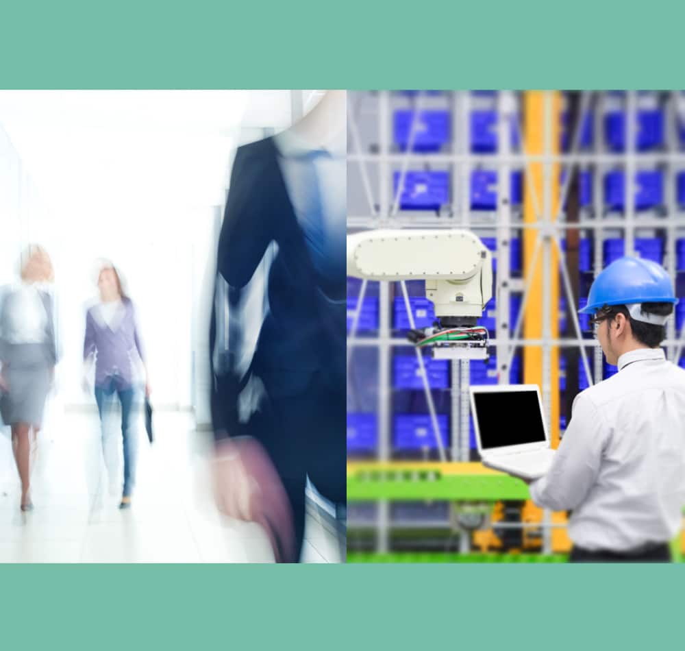 Image of people on left blurred out and on right hands side a man working