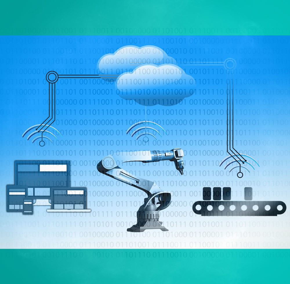 Image of connected technology images of a robotic machine, a building