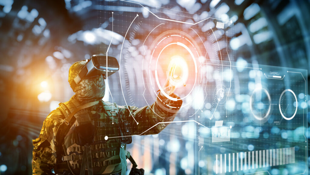 Soldier doing defence job wearing VR glasses