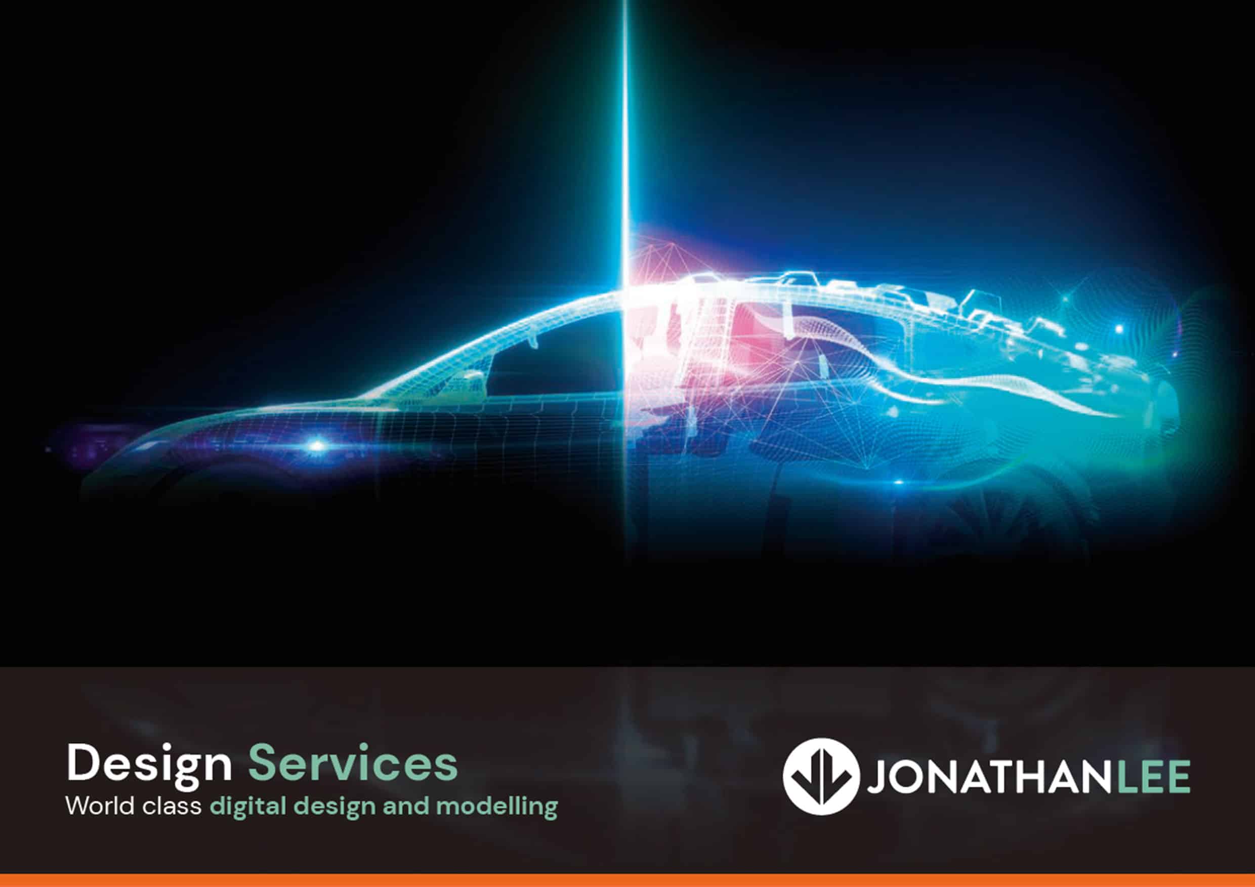 Jonathan Lee Design Services brochure with dark green background