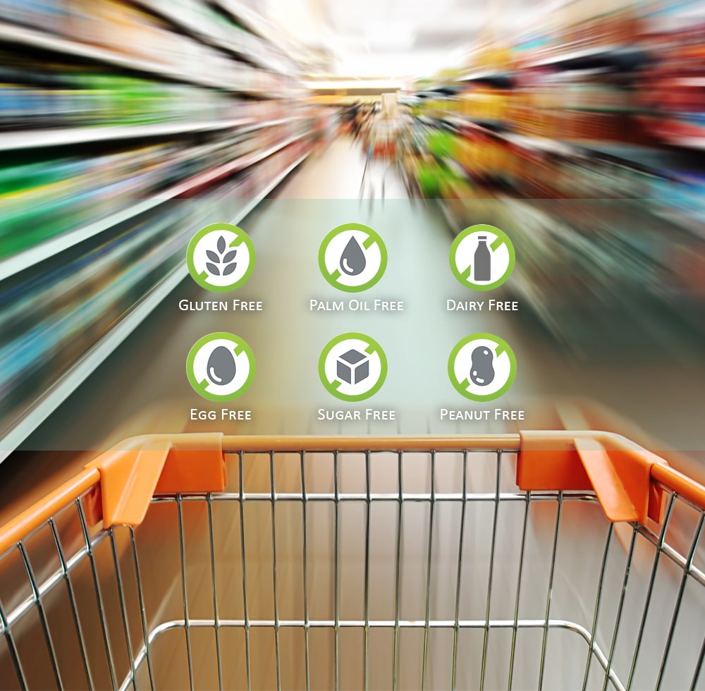 Image of a shopping trolley with shapes of allergy food symbols