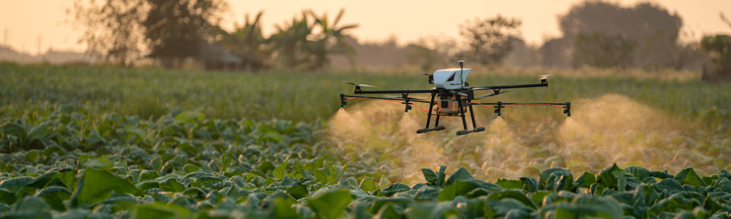 Drone distributing chemicals to crops