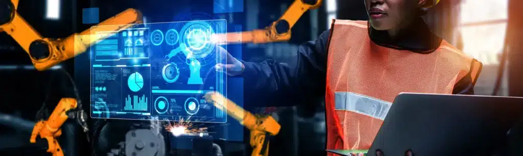 Person using virtual computer screen and machinery in background