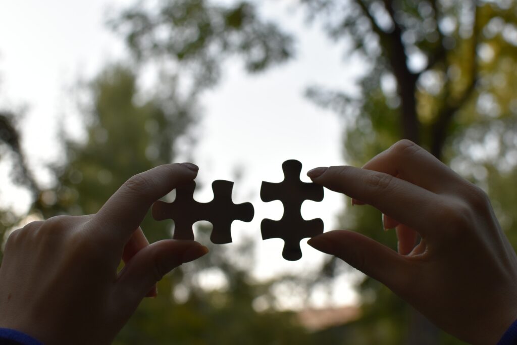 Image of two hands and a couple of jigsaw pieces