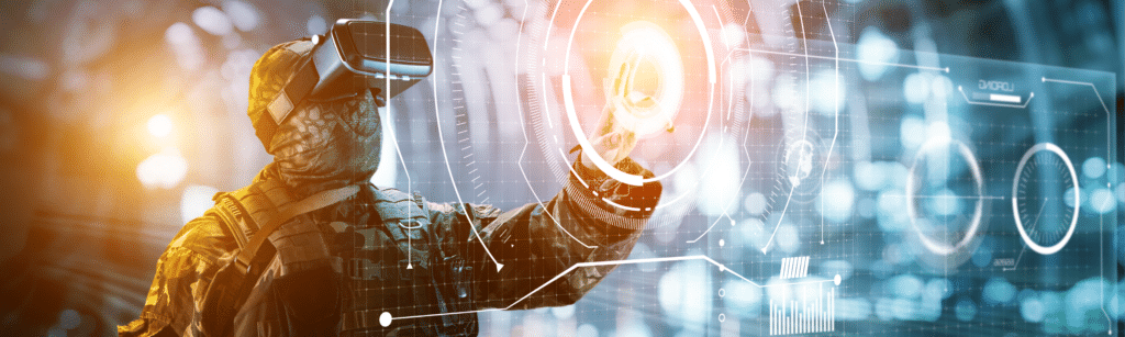 Futuristic soldier wearing VR rectangular image