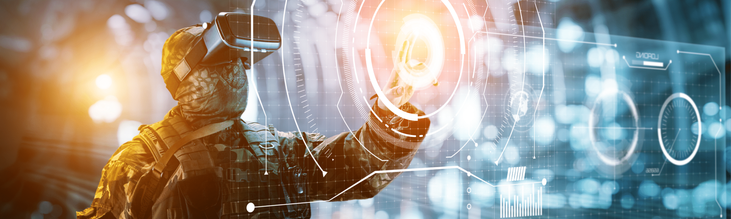 Futuristic soldier wearing VR rectangular image