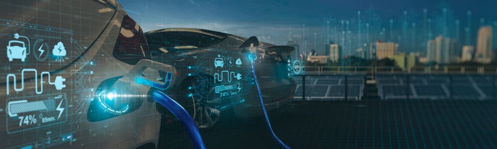 Technical image of an Electric Vehicle being charged with a digital display