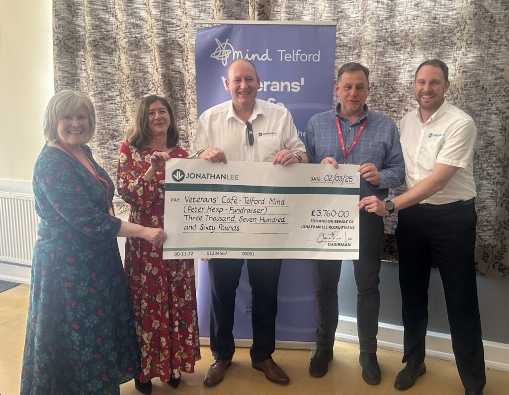 Peter Heap hands over Cheque to Telford Mind's Veterans' Cafe