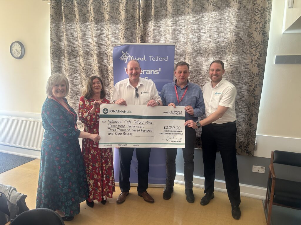 Peter Heap hands over Cheque to Telford Mind's Veterans' Cafe