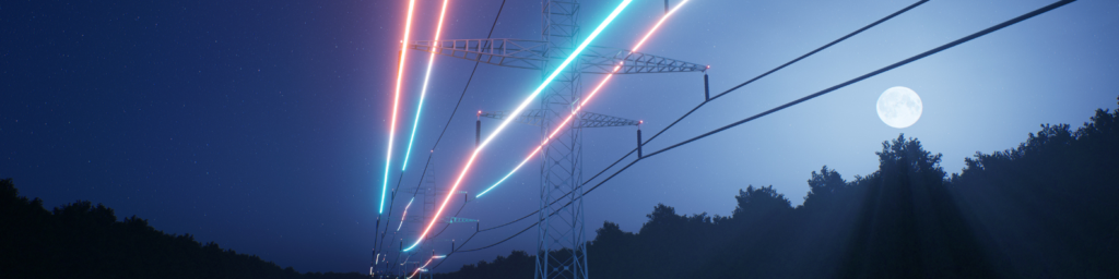 Electricity pylons at night lit up