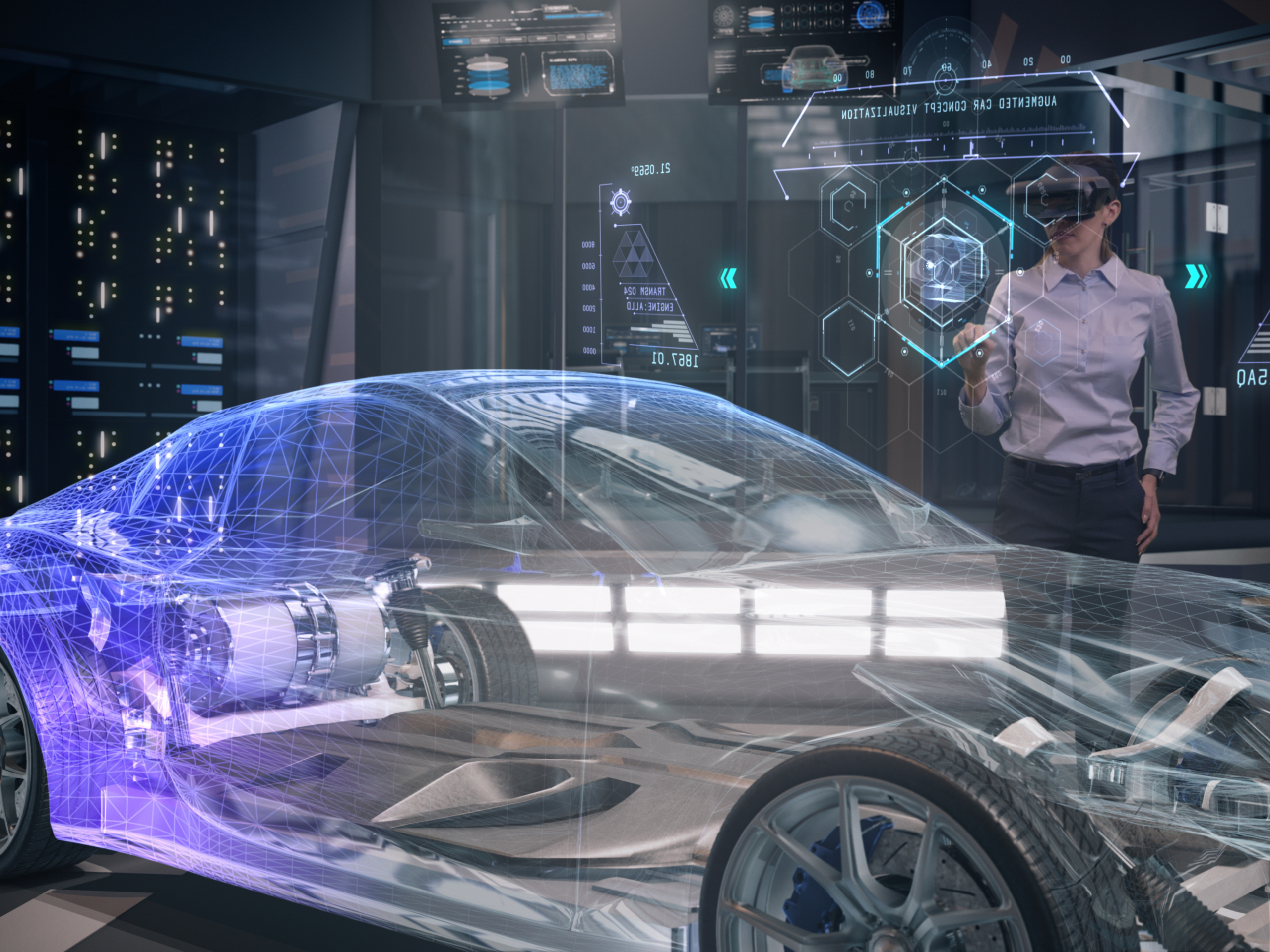 Futuristic female automotive professional lookig through VR glasses