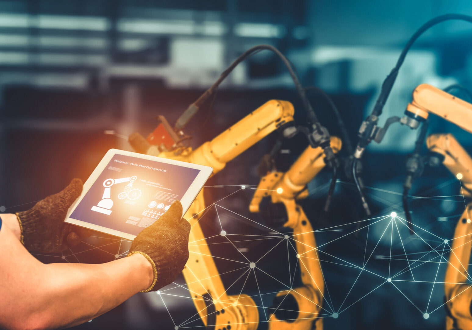 Smart industry robot arms for digital factory production technology showing automation manufacturing process of the Industry 4.0 or 4th industrial revolution and IOT software to control operation .