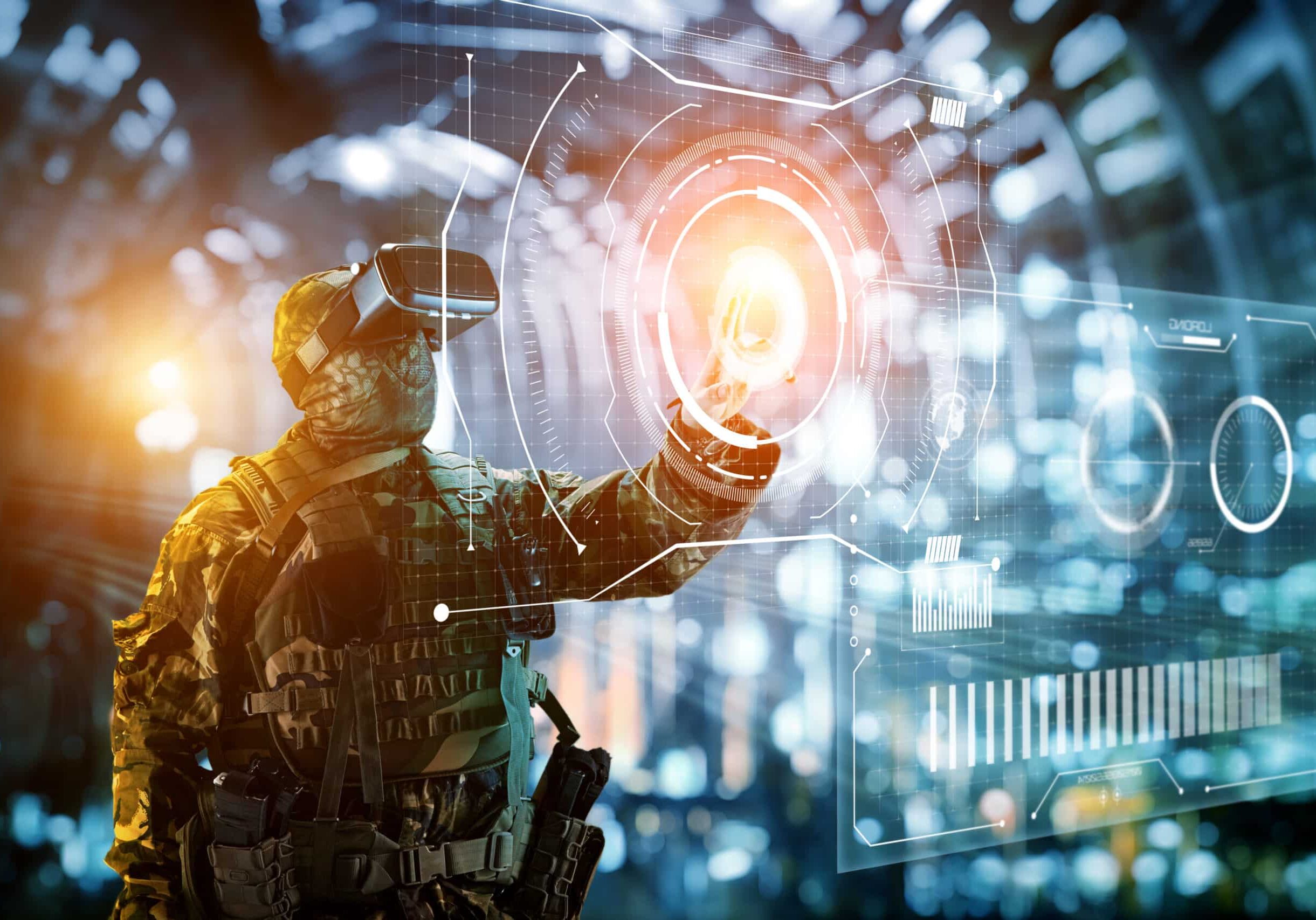 Futuristic soldier wearing VR